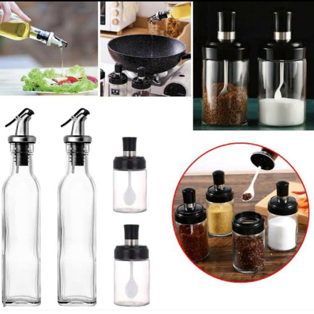 Oil Bottle Set 4 Piece Daisy Glass Spice Set With 3 Spice Jars 180ml And 1 Oil Bottle 750ml