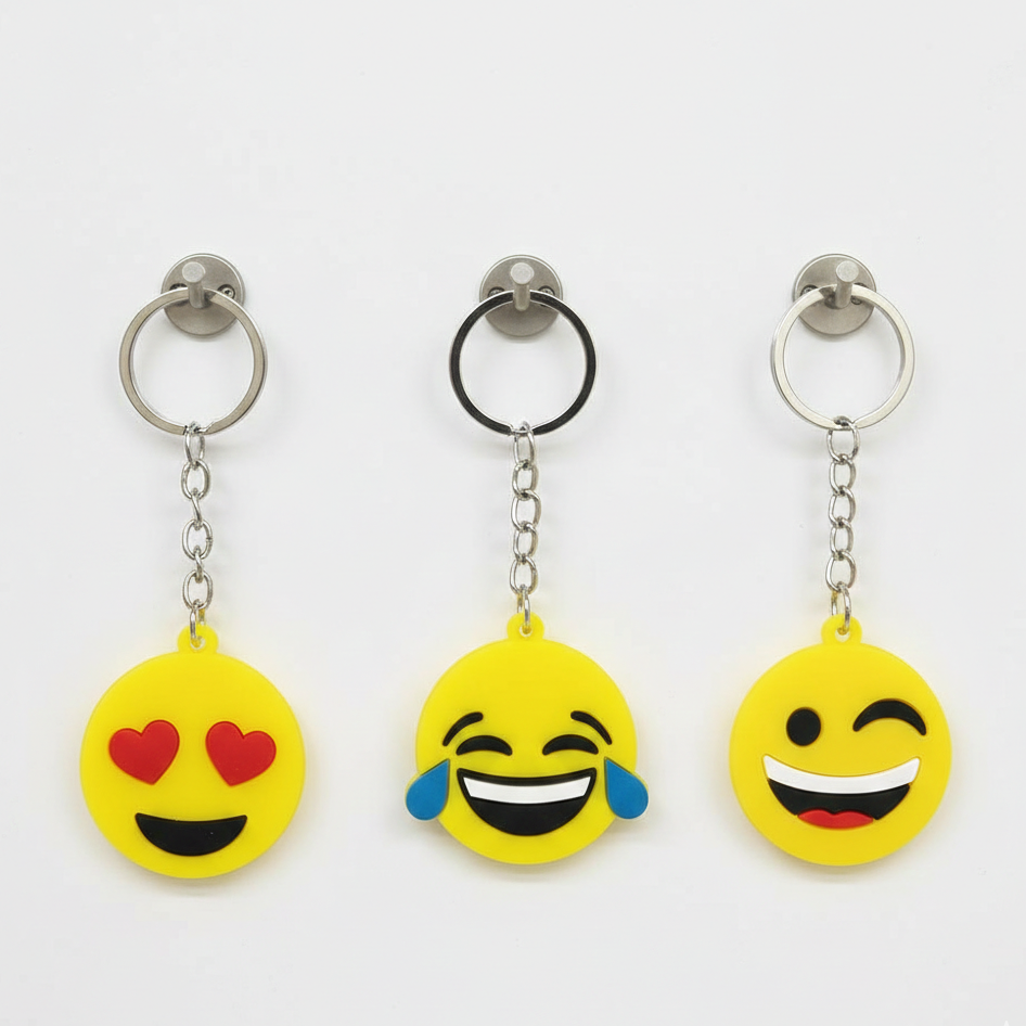 Pack of 3 Assorted Round Emoji Reaction Keychains – Plastic Smiley Face Charms (Random Designs)