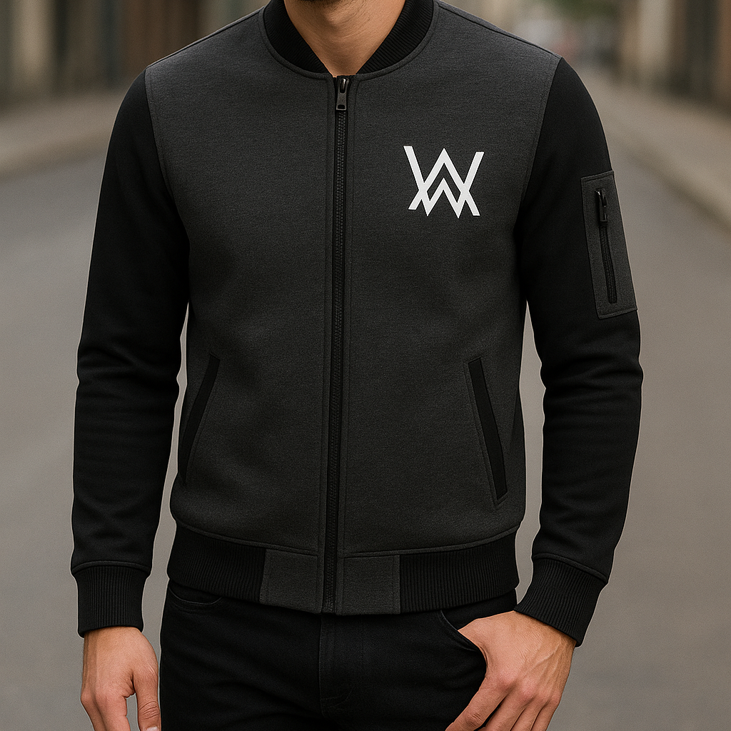 NEW Winter Collection Charcoal Grey WA Printed Zipper Jacket for Men &amp; Boys – Premium Fleece Material, Stylish Bomber Design, Full Front Zipper Closure