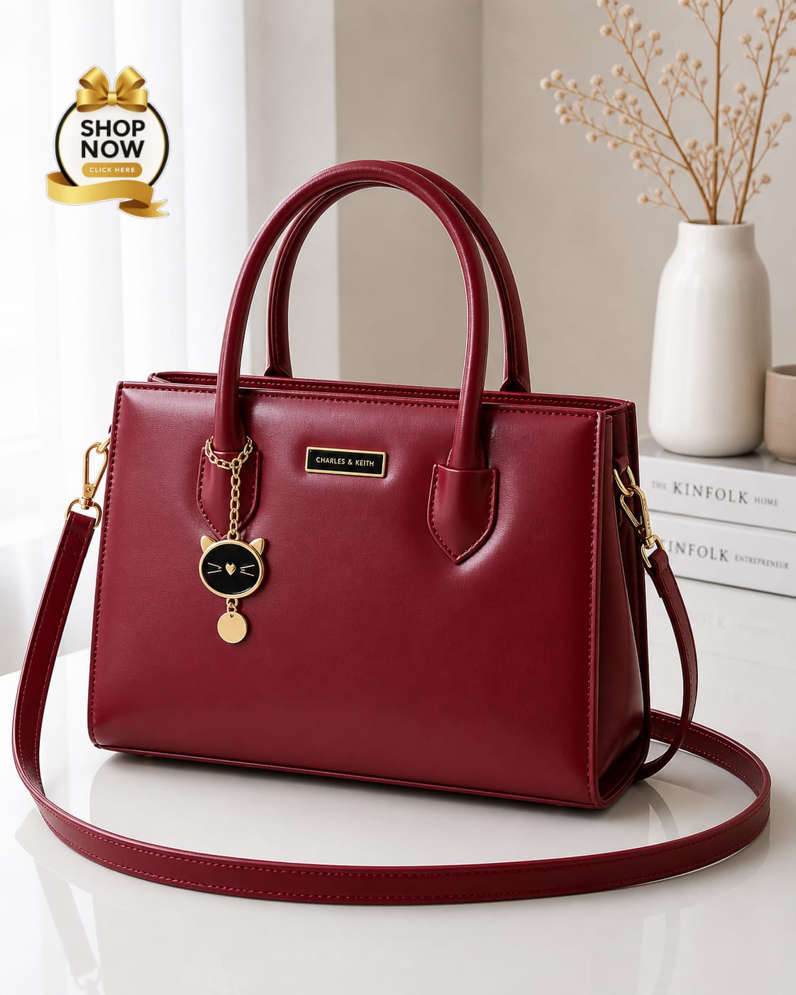 Charles And Keith 2 Zipper Bag Leatherette Handbag With Small Cat Charm And Detachable Shoulder Strap