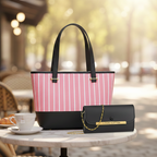 Elegant 2-Piece Women's Handbag Set: Chic Pink Striped Tote & Sophisticated Louis Vuitton Branded Chain Clutch