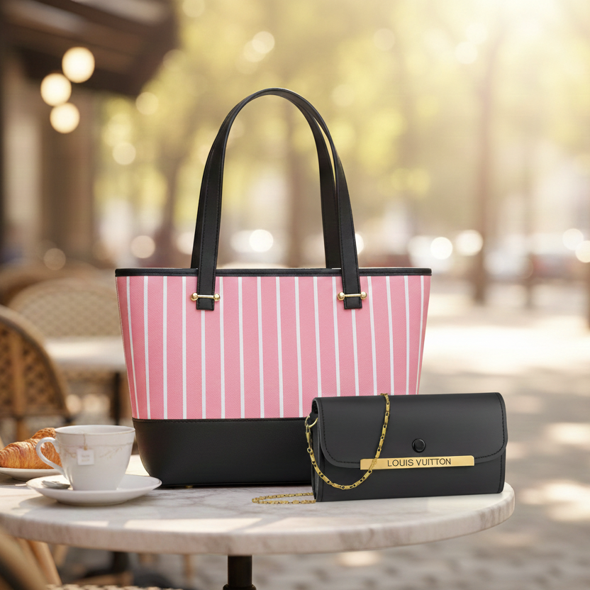 Elegant 2-Piece Women's Handbag Set: Chic Pink Striped Tote & Sophisticated Louis Vuitton Branded Chain Clutch