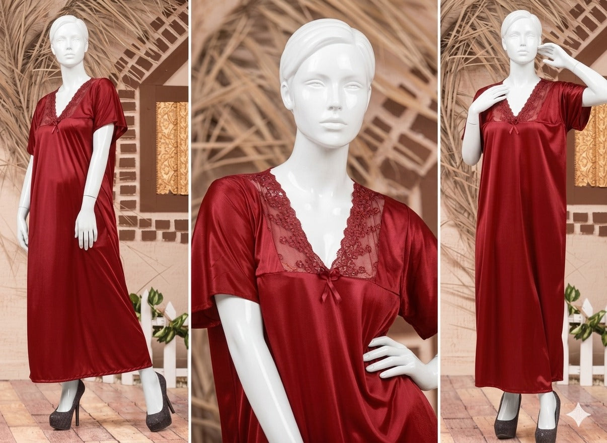 Single Pcs Stylish & Comfortable Long Silk Nightgown - Free Size (SKU R-002)