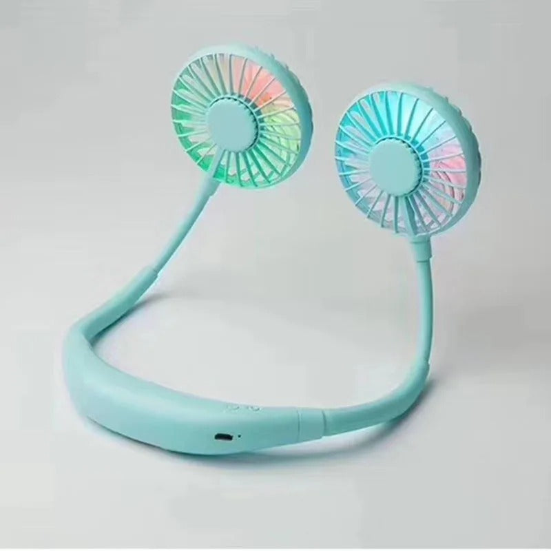 Lazy Portable Silent Neck Fan – Wearable Rechargeable Dual Fan with LED Light & 3-Speed Control (Random Color)