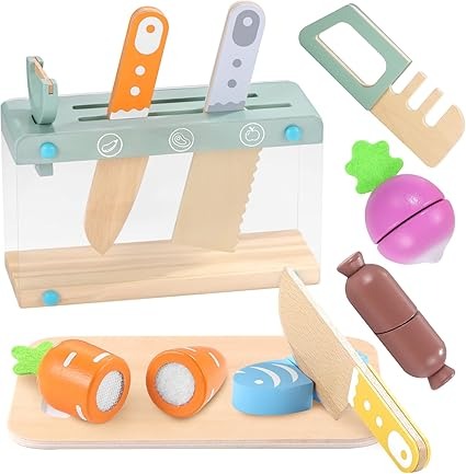 Wooden Kids Play Kitchen Set with Toy Utensils & Velcro Food – Montessori Pretend Cooking Playset