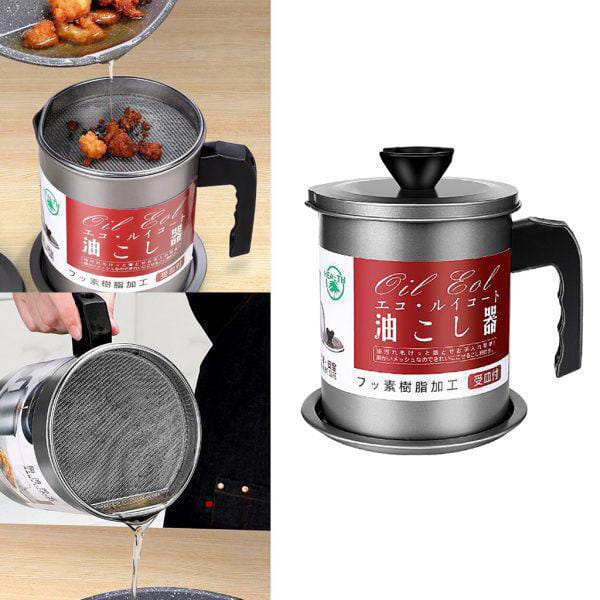 High Quality 1.4L Fryer Oil Filter Pot – Carbon Steel Oil Can with Stainless Steel Strainer Kitchen Storage Jug (Without Box)