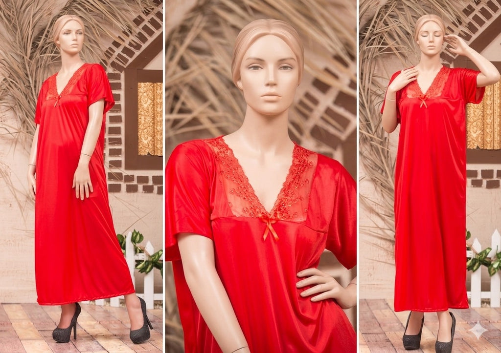 Single Pcs Stylish & Comfortable Long Silk Nightgown - Free Size (SKU R-002)