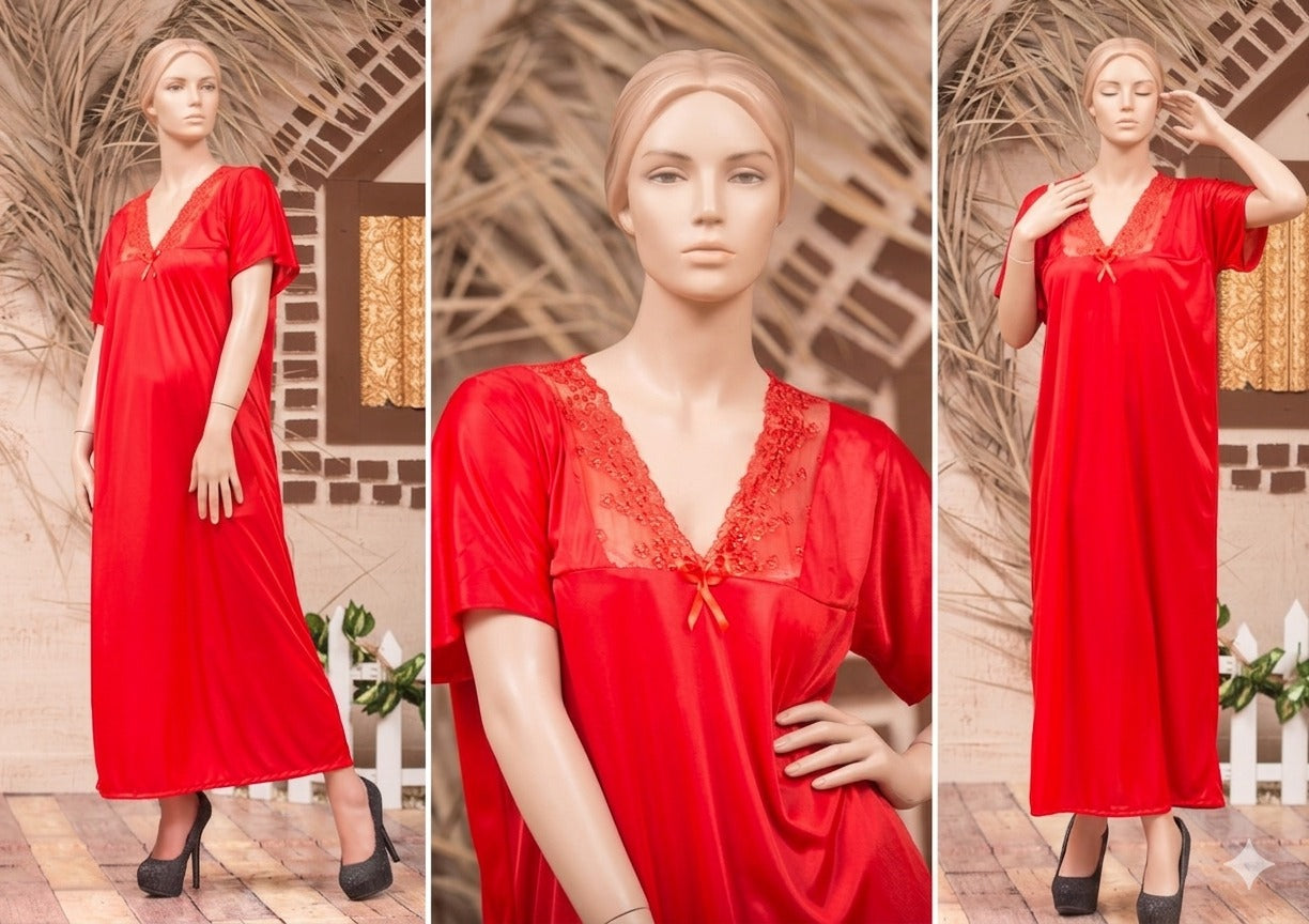 Single Pcs Stylish & Comfortable Long Silk Nightgown - Free Size (SKU R-002)