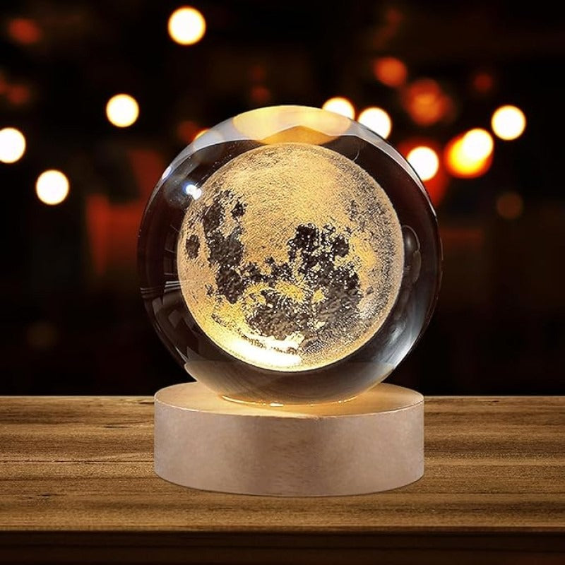 3D Crystal Ball Moon Night Light – Laser-Engraved Glass Sphere with Warm LED Wooden Base (Moon Shape Only)