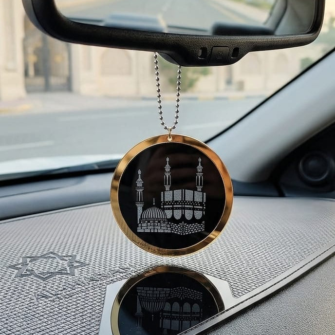 Acrylic Mirror Dua-e-Safar Car Hanging with Khana Kaaba & Madina Design – Elegant Islamic Rear View Mirror Decor | Size : 10 cm