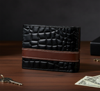 Men’s Croc-Texture Cow Leather Wallet – Black with Maroon Strip | Stylish Bifold Slim Wallet