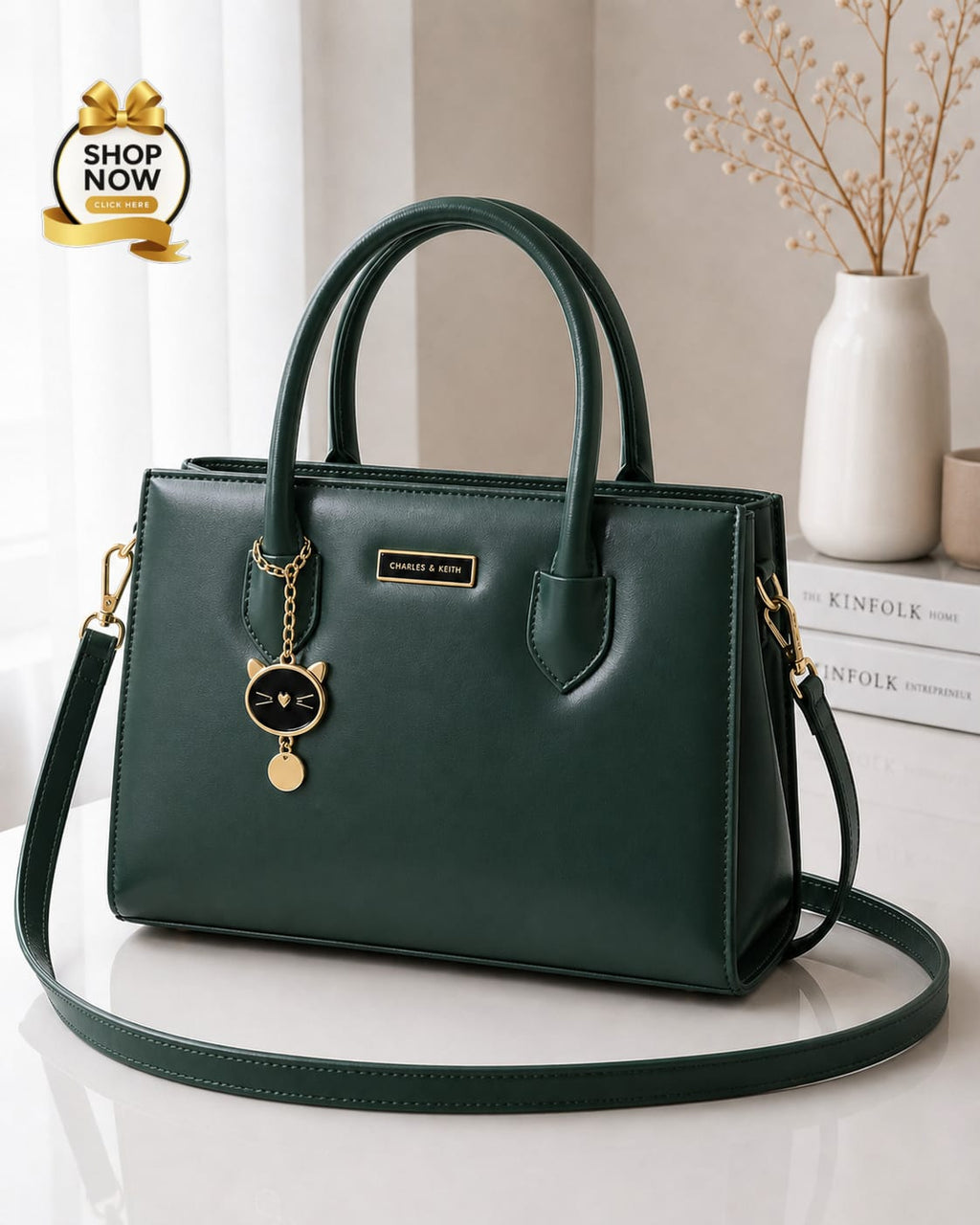 Charles And Keith 2 Zipper Bag Leatherette Handbag With Small Cat Charm And Detachable Shoulder Strap