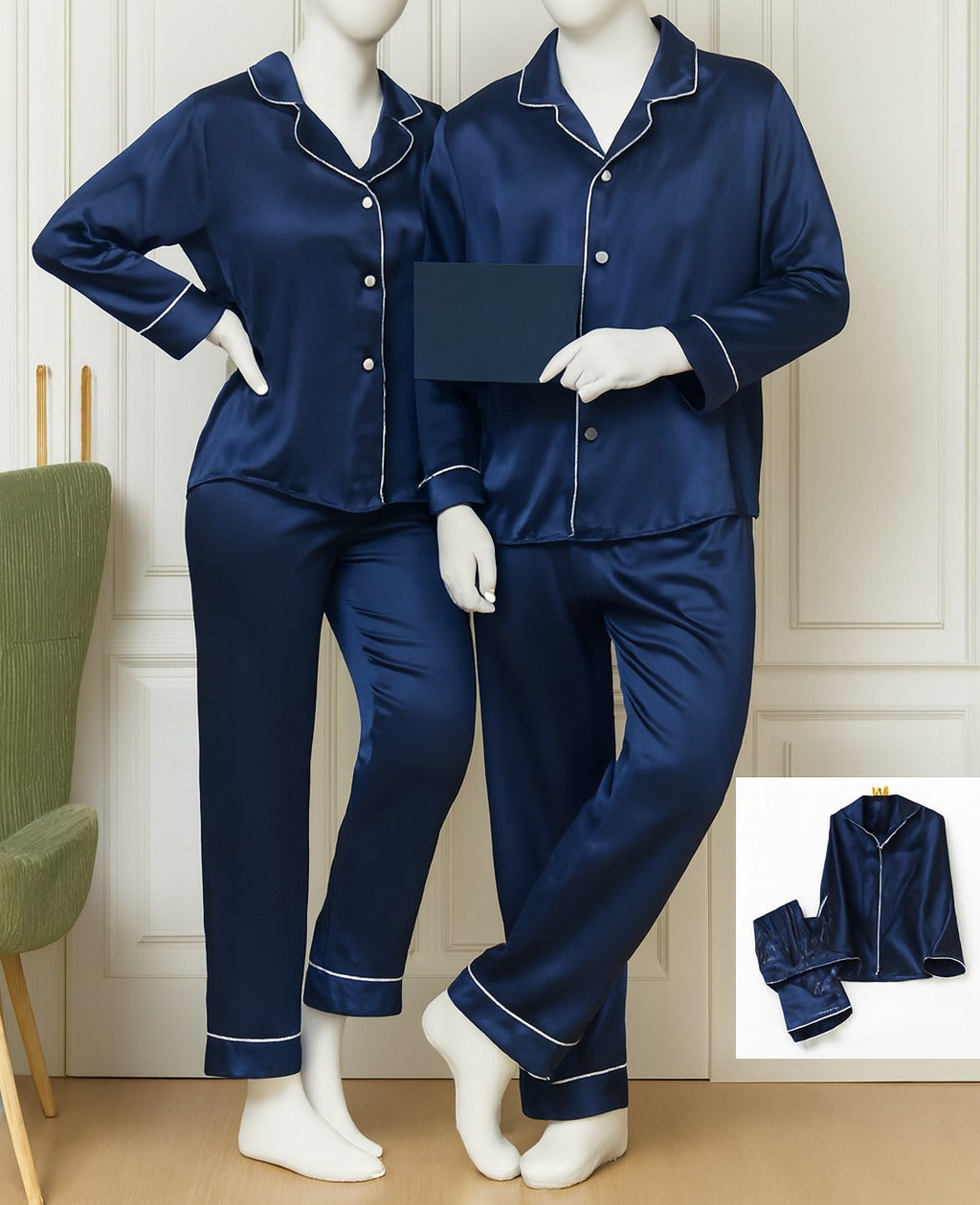 Classic Couple Night Suit Silk Satin Pajama Set – Long Sleeve Top & Full-Length Pants (4 Pcs) | DC-C007