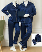 Classic Couple Night Suit Silk Satin Pajama Set – Long Sleeve Top & Full-Length Pants (4 Pcs) | DC-C007
