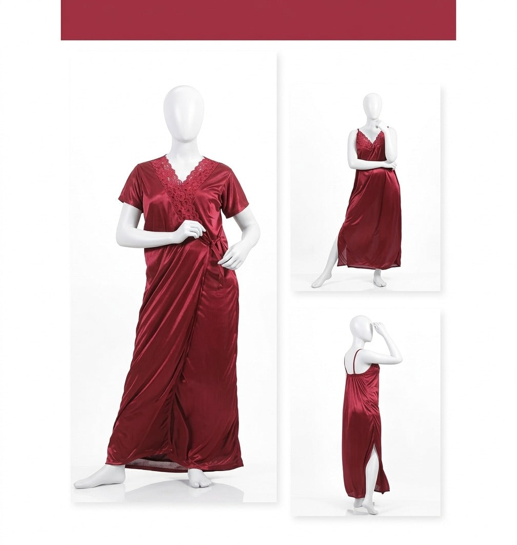 2 Pcs Premium Silk Lace Women's Sleepwear Set Inner & Gown Nightwear (Size Free)