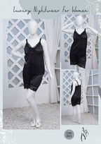 Women's Silk Nightwear Set with Black Lace – 2 Piece Cami Top & Shorts Sleepwear (Free Size) [SKU R-012]