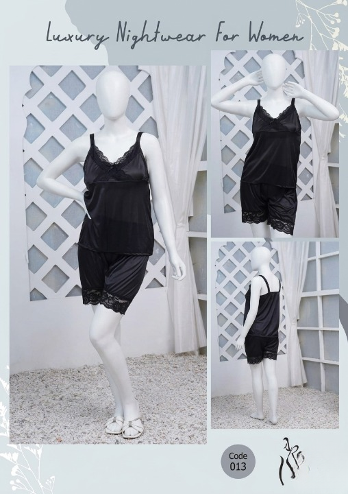 Women's Silk Nightwear Set with Black Lace – 2 Piece Cami Top & Shorts Sleepwear (Free Size) [SKU R-012]