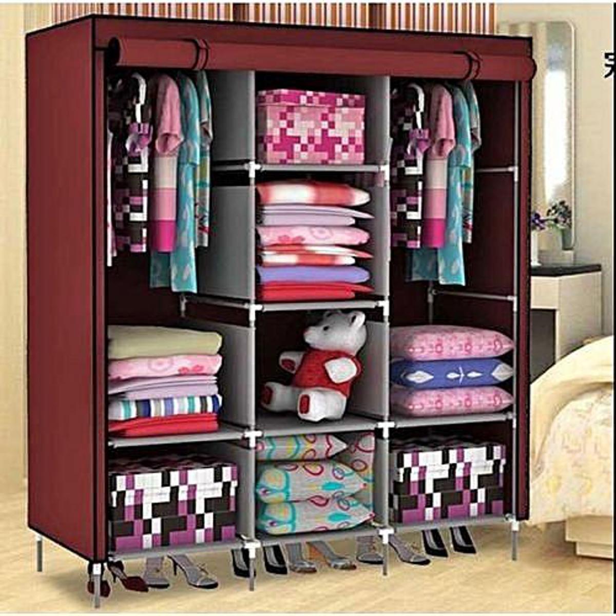 Portable Storage Cabinet 3 Door Large Size 5 by 4 Ft | Aluminum Rods and Fabrics Wardrobe Stand
