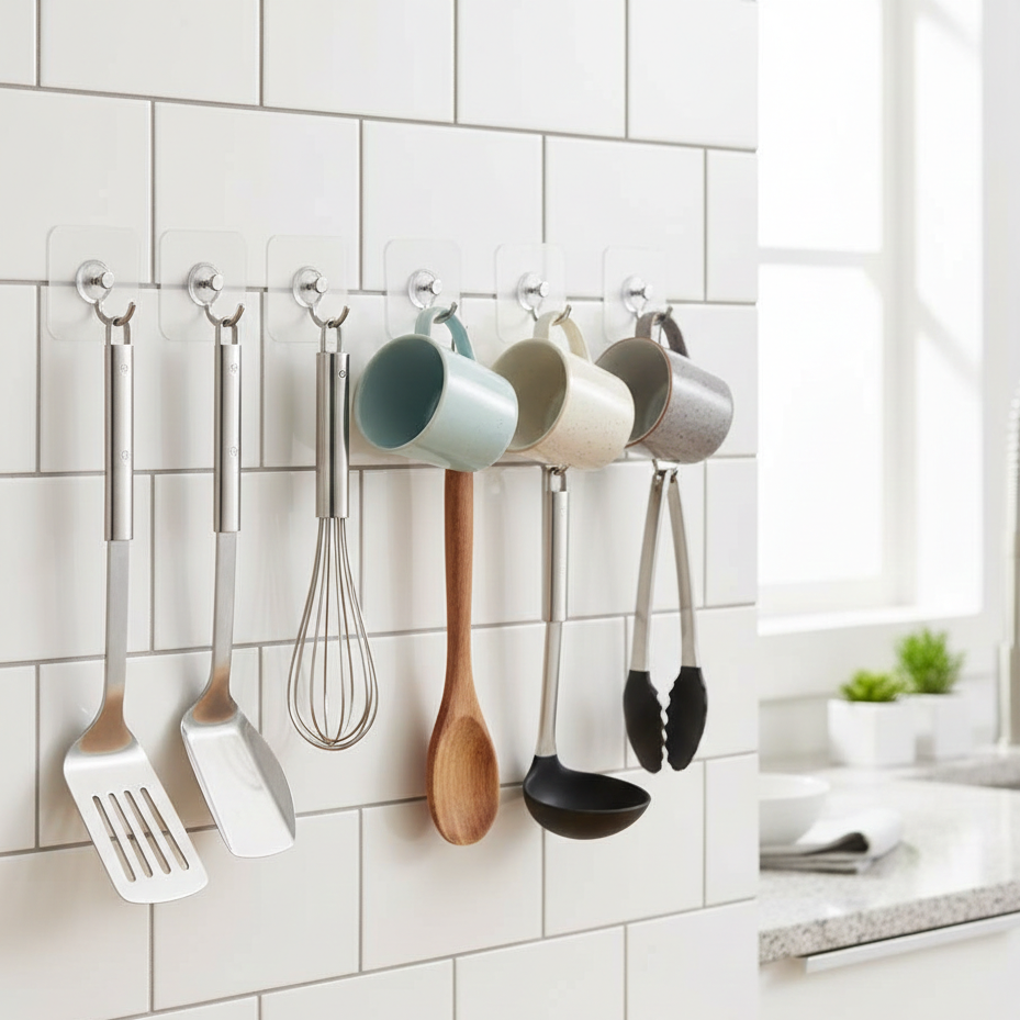Wall Mounted Self Adhesive Transparent Screw Hooks (Pack of 10) | Strong No-Drill Hooks for Home & Bathroom Use
