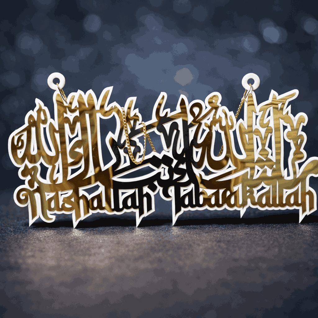 Mashallah Tabarakallah Premium Acrylic Wall Hanging – Large 12x24 Inch Islamic Wall Art with Metal Chain