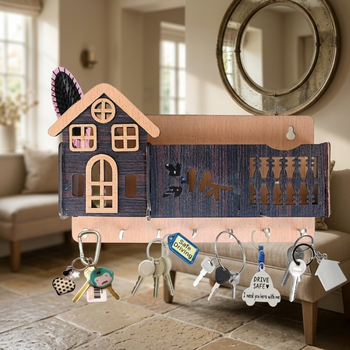 Decorative Wooden House Key Holder – Wall Mounted Key Organizer with 6 Hooks & Marble Finish Design