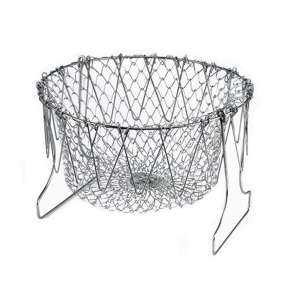 STAINLESS STEEL MULTI-FUNCTIONAL FOLDABLE COOKING Chef Basket Deluxe Kitchen Colander, MESH STEAM RINSE STRAIN FRY BASKET DEEP FRYER