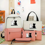 Cute Cat Print 5-in-1 School Bag Set for Girls – Backpack, Handbag, Crossbody Pouch, Pencil Case & Lunch Bag Stylish Combo