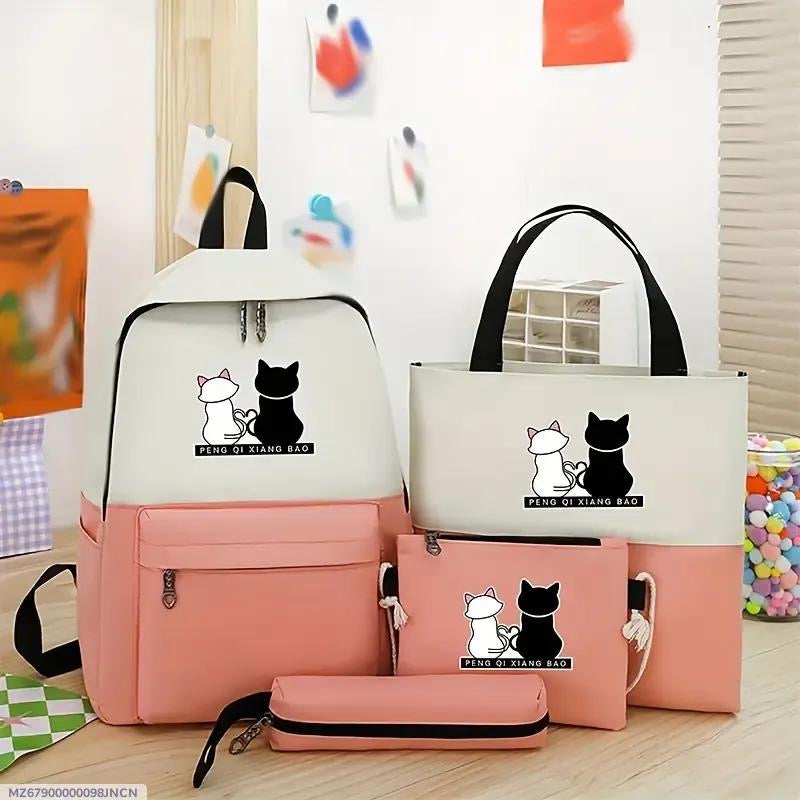Cute Cat Print 5-in-1 School Bag Set for Girls – Backpack, Handbag, Crossbody Pouch, Pencil Case & Lunch Bag Stylish Combo
