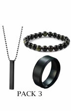 Pack Of 3 Vertical Bar Boy's Pendant, Ring And Bracelet Set, color black