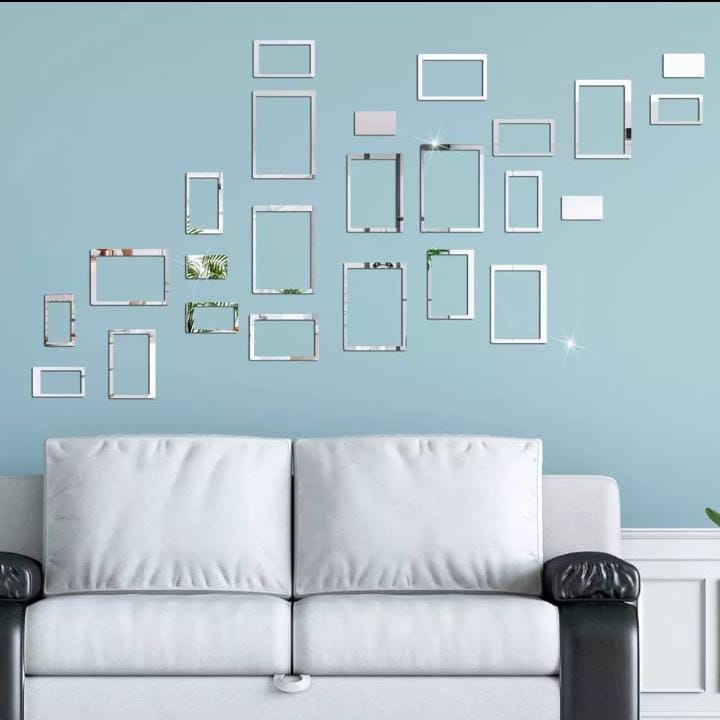 Acrylic Mirror Wall Decorations | Square Shape Elegant Stickers & Decals For Home & Office (8x6 Inches) | 24 Pcs