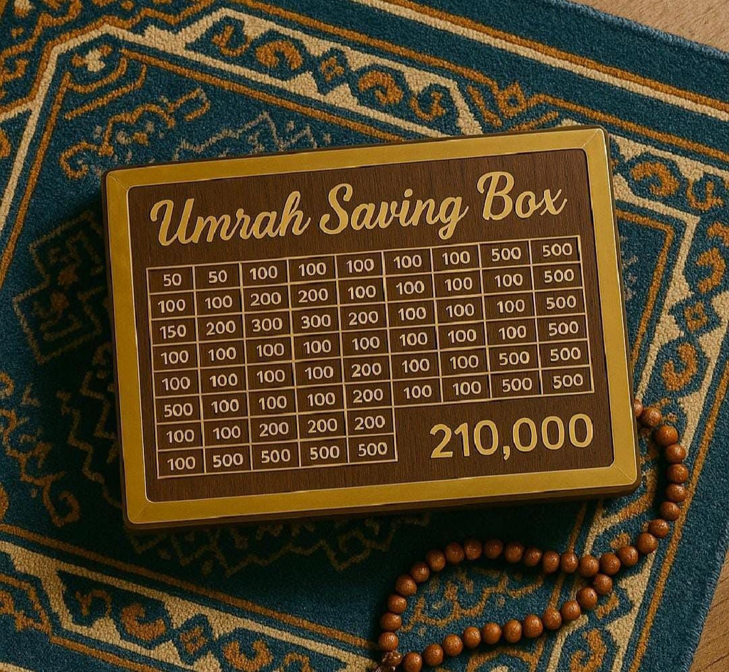 Wooden Umrah Saving Box | Premium Money Box with 210,000 Goal Tracker | Elegant Islamic Design for Charity, Donations & Umrah Fund