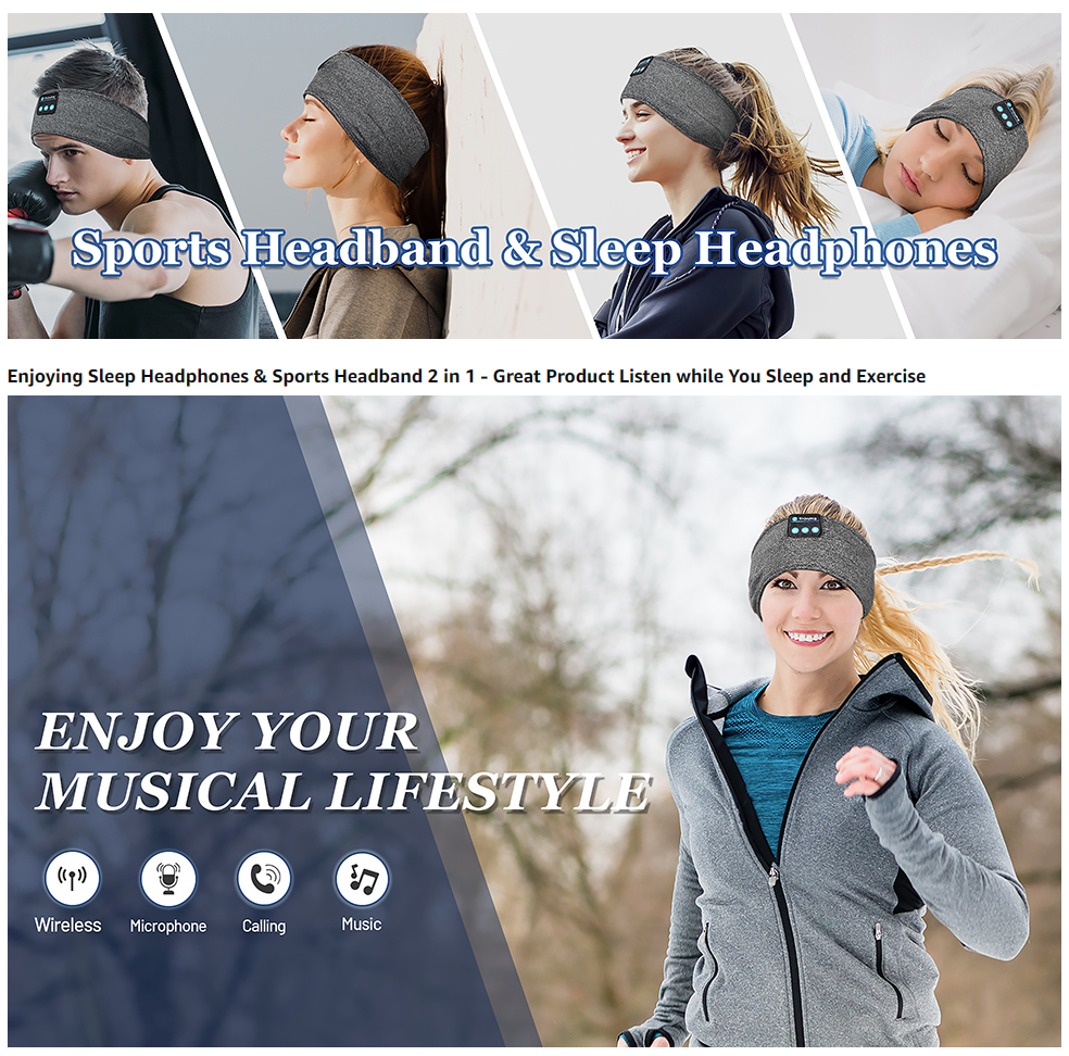 2-in-1 Sports & Sleep Bluetooth Headband – Wireless Music Headphones with Built-in Mic, Elastic Eye Mask for Workout, Travel & Relaxation