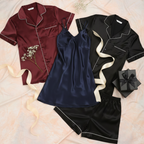 Couple Silk Night Suit / Sleepwear Set – Shirt & Shorts with Slip Dress | SKU DC-C013 (3 Pcs)