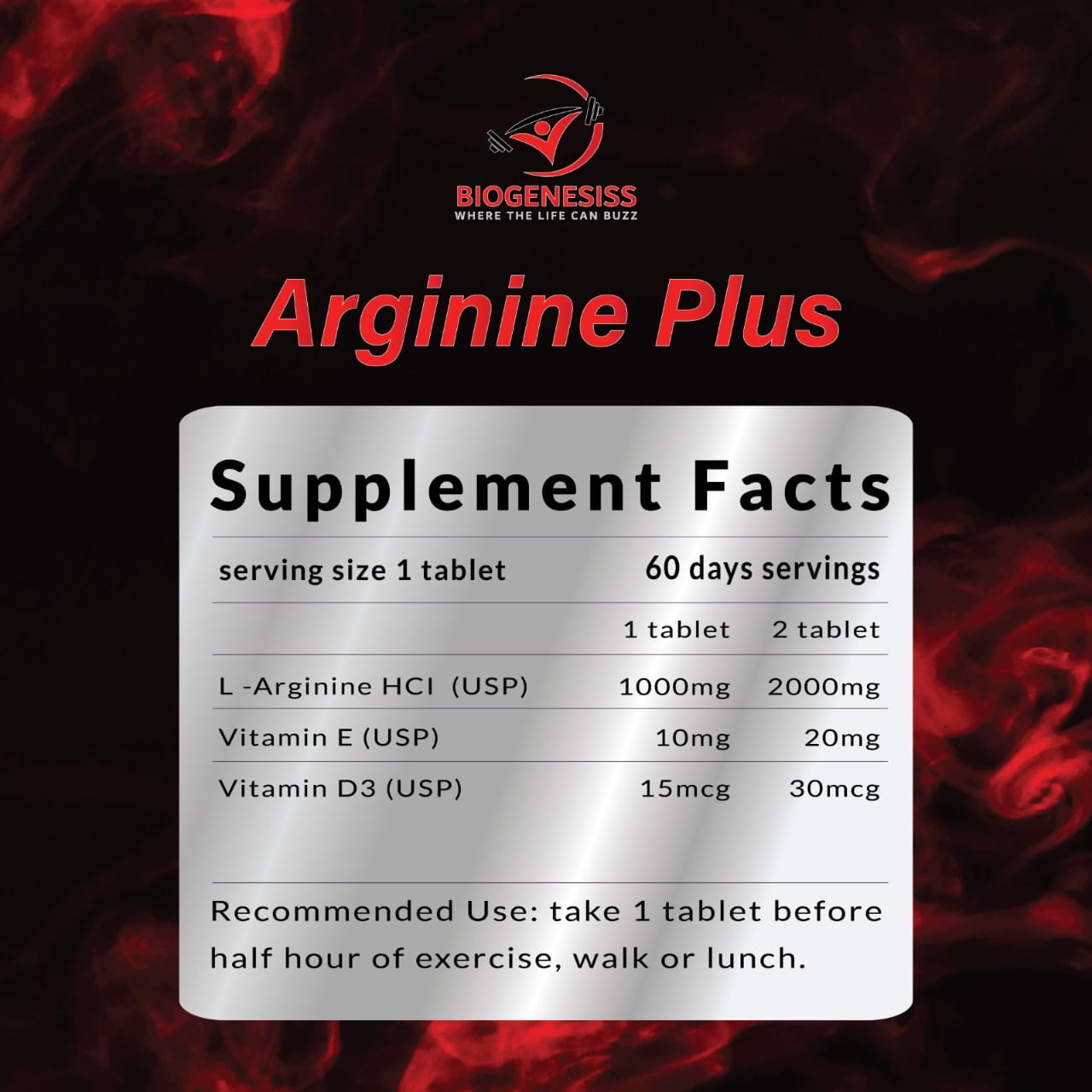 Biogenesiss Arginine Plus Premium L-Arginine Complex – 1000mg Free Form Amino Acid with Vitamins E & D3 for Nitric Oxide Boost, Circulation, and Muscle Recovery (60 Tablets)