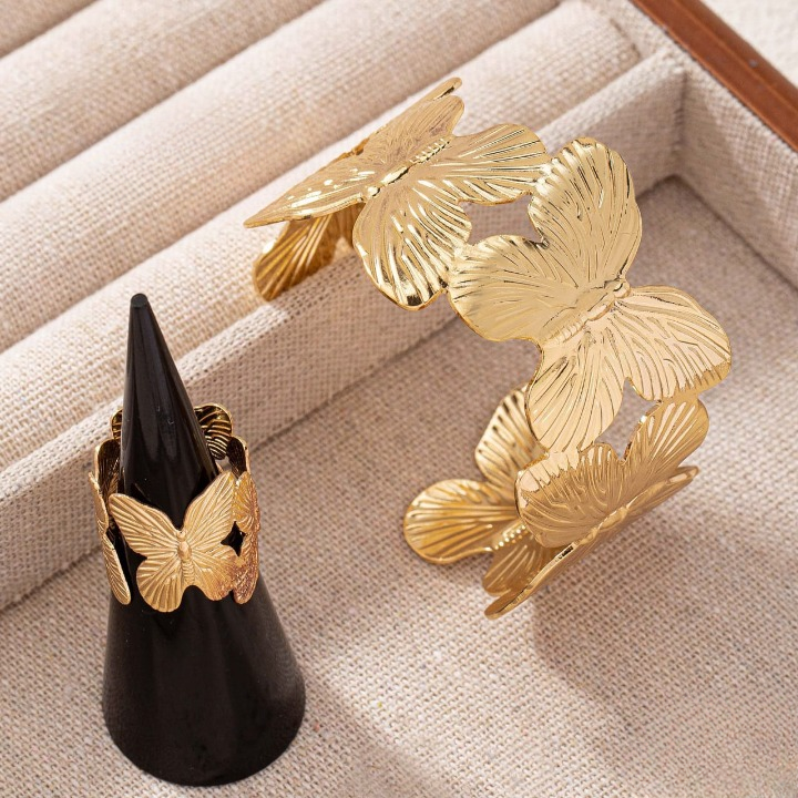 Stylish Alloy Hand Cuff Ring Set – Adjustable Fashion Jewelry for Women in Silver & Golden (SKU: QST-166)