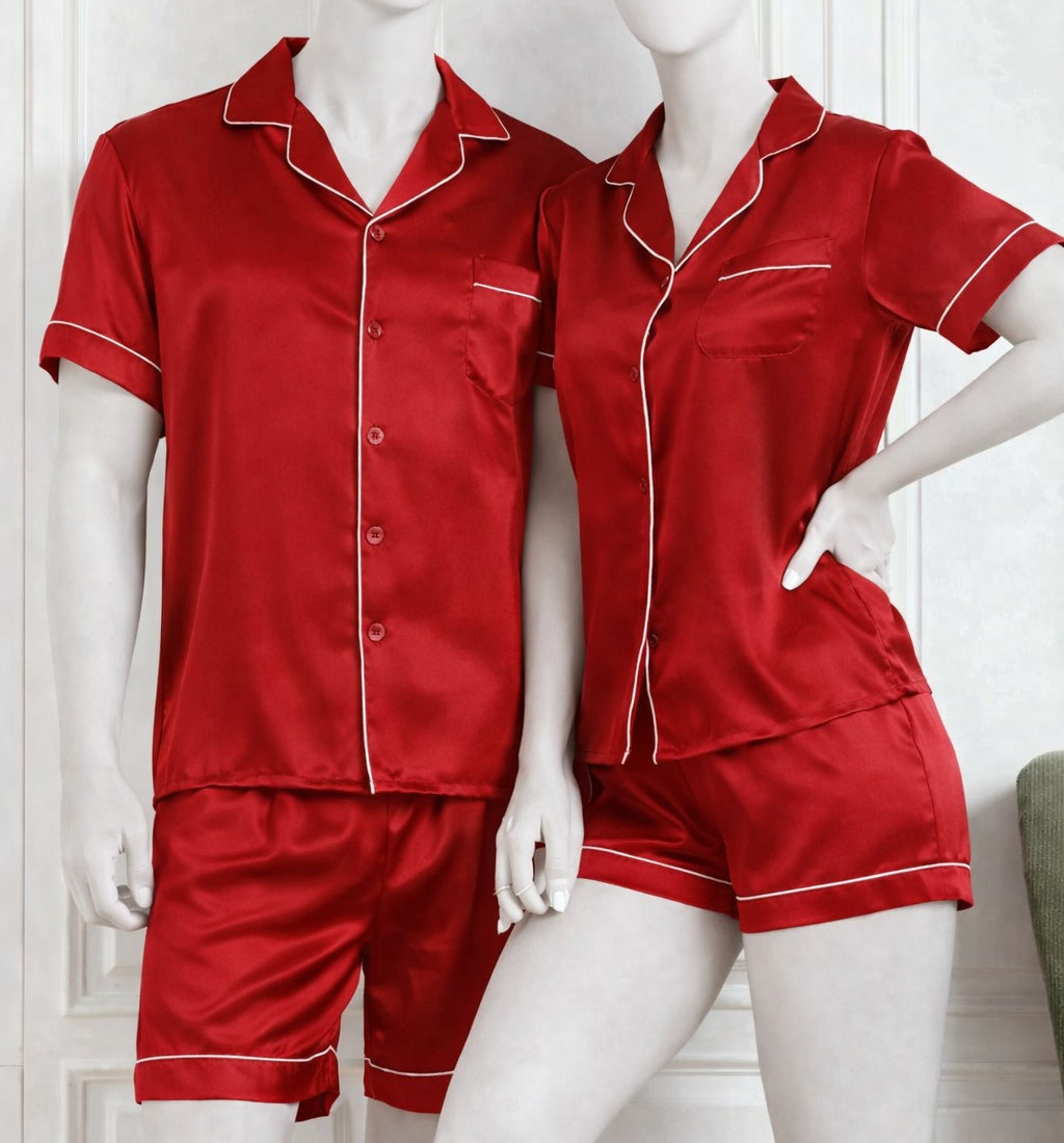 Couple Night Dress Silk Pajama Set – Short Sleeve Shirt & Shorts (4 Pcs) | SKU DC-C014
