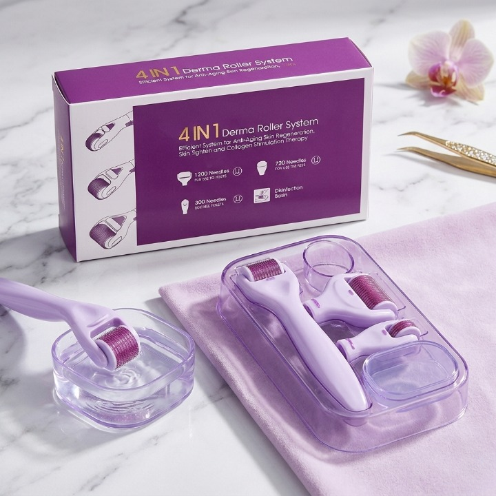 4 In 1 Derma Roller System For Anti Aging Skin Regeneration And Collagen Stimulation Therapy