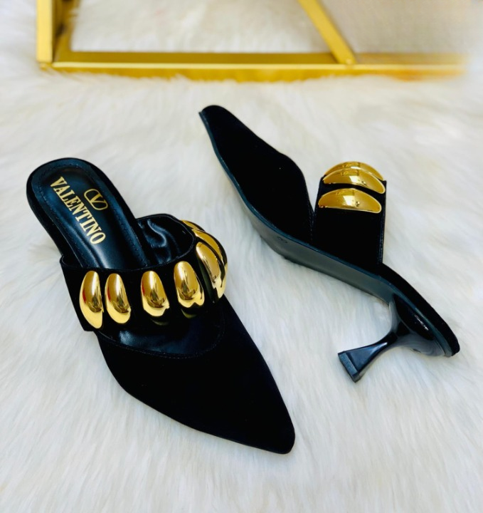 Valentino Garavani Royal VLogo 65 Leather Mules In Black Suede With Gold Tone