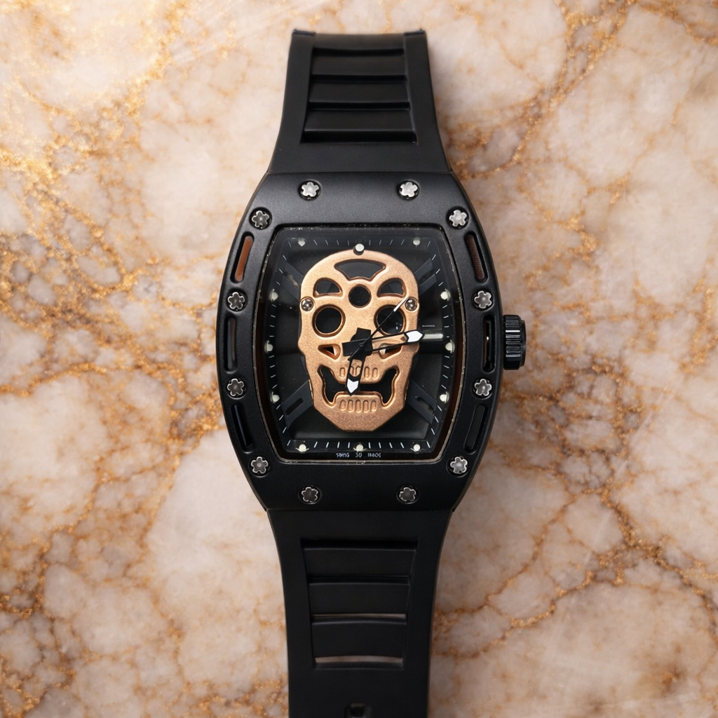 Skull Skeleton Matte Sport Watch – Luxury Metal Tonneau Style Wristwatch with Silicone Strap
