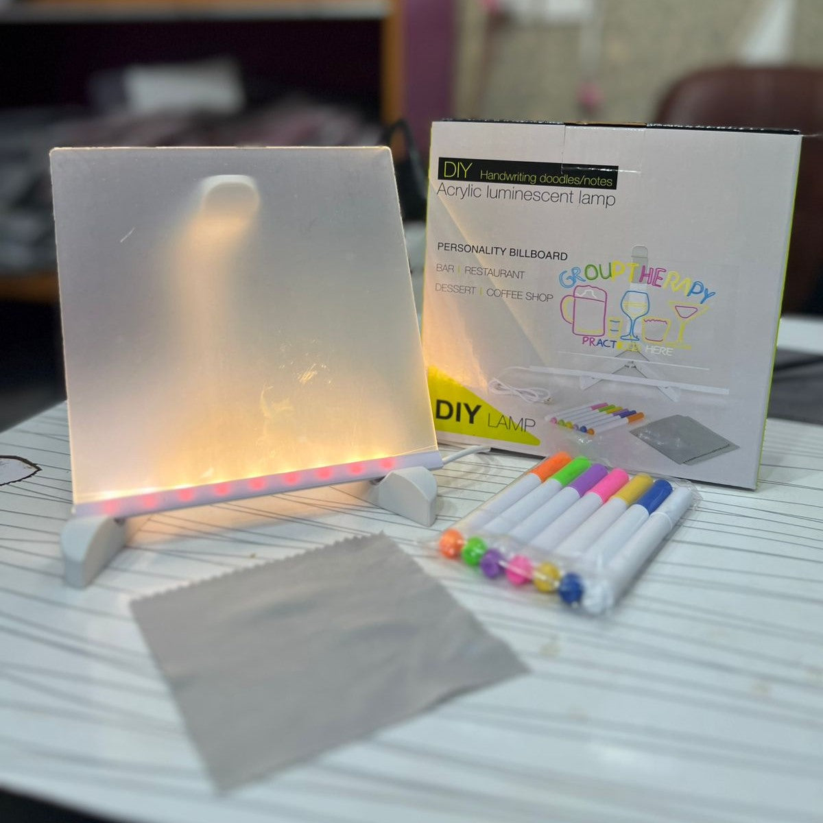 LED Light-Up Transparent Writing Board With 7 Marker | 15×15 cm Acrylic Pad with Stand | Colorful DIY Notes & Erasable Pens