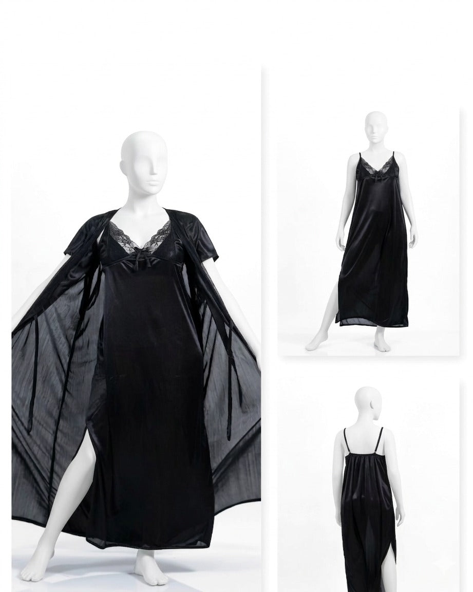 2 Pcs Premium Silk Lace Women's Sleepwear Set Inner & Gown Nightwear (Size Free)
