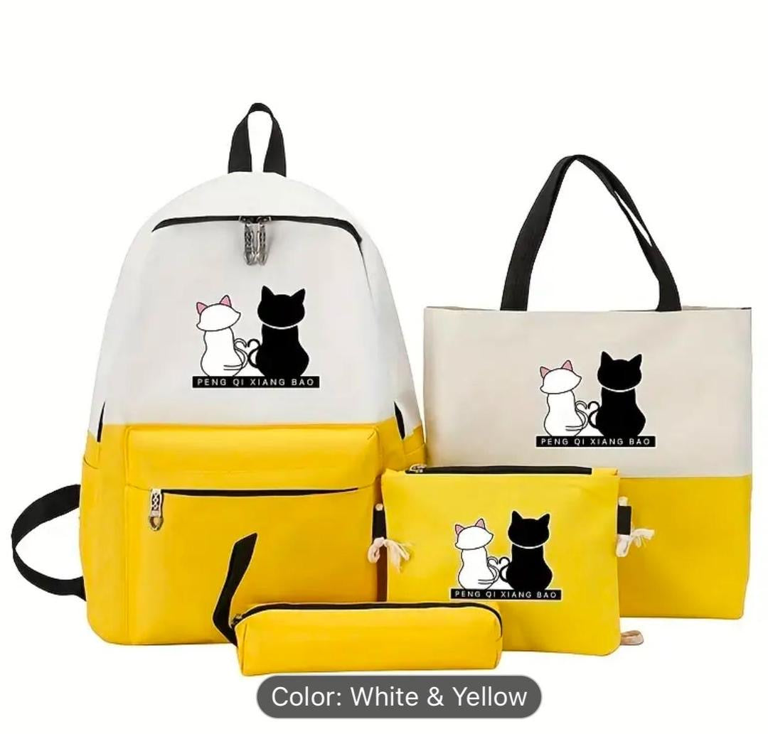 Cute Cat Print 5-in-1 School Bag Set for Girls – Backpack, Handbag, Crossbody Pouch, Pencil Case & Lunch Bag Stylish Combo