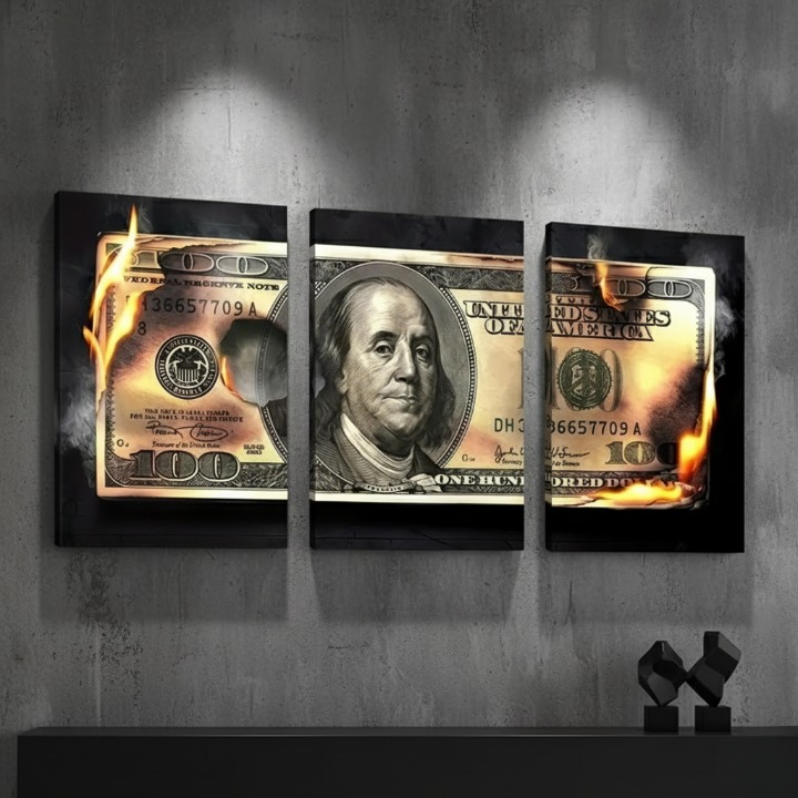 Dollar Wooden Sticky Wall Art – 3 Piece Modern Decorative Frame Set, 8x11 inch Each, Wooden Sticky Frame with Easy Wall Mount Sticky Tape