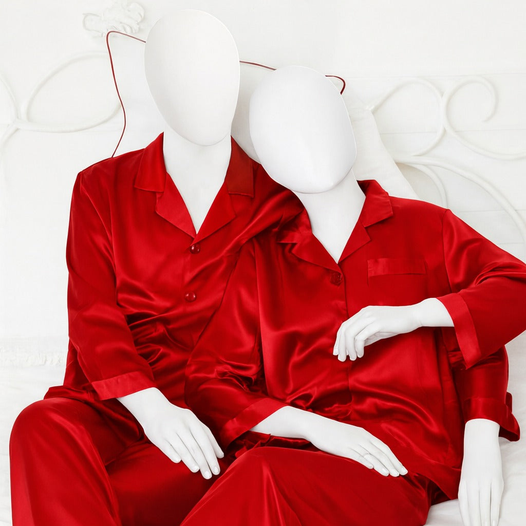 Couple Night Suit Silk Satin Pajama Set – Long Sleeve Top & Pants |  SKU: DC-C011 (4 Pcs)