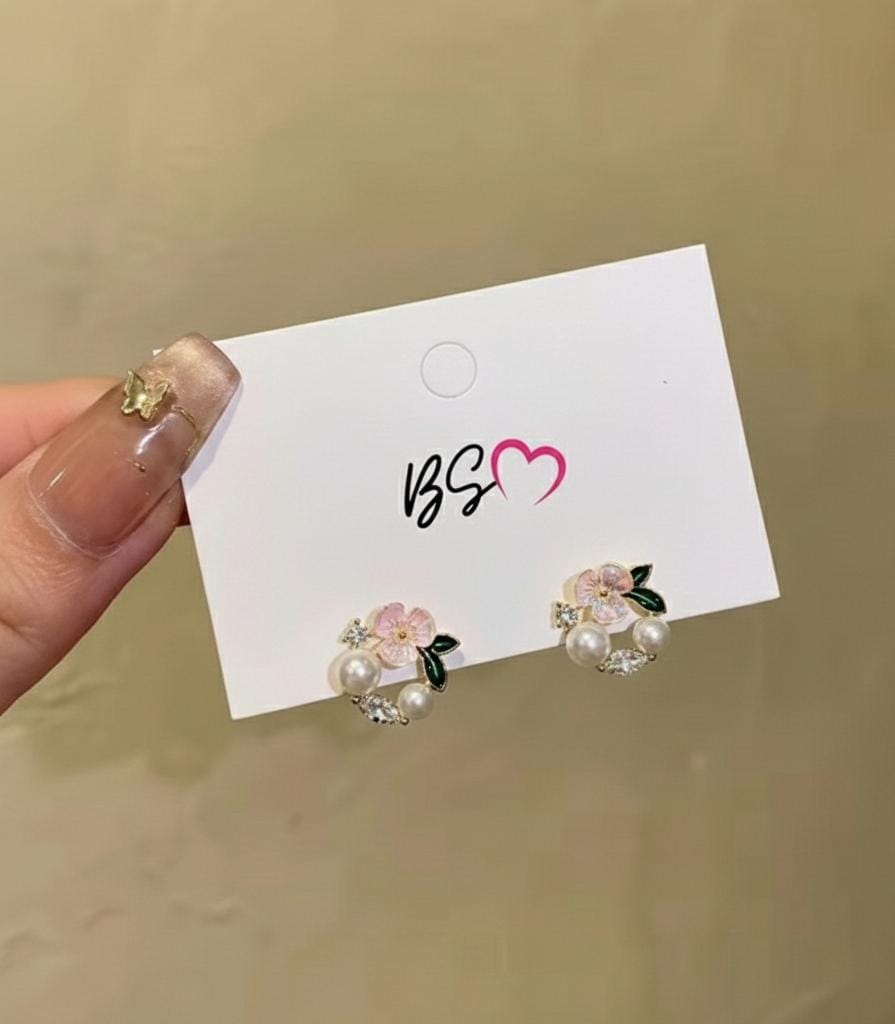 AWT-118 Korean Leaf Sparkling Pearl Earrings –  | Elegant Leaf Design With Premium Pearls, Perfect for Daily Wear, Parties & Special Occasions
