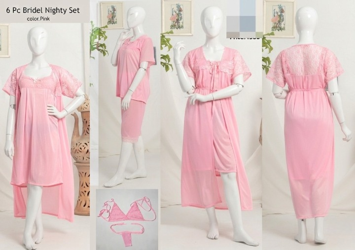 6 PCs Bridal Satin Nighty Set with Matching Thong & Bralette Free Size