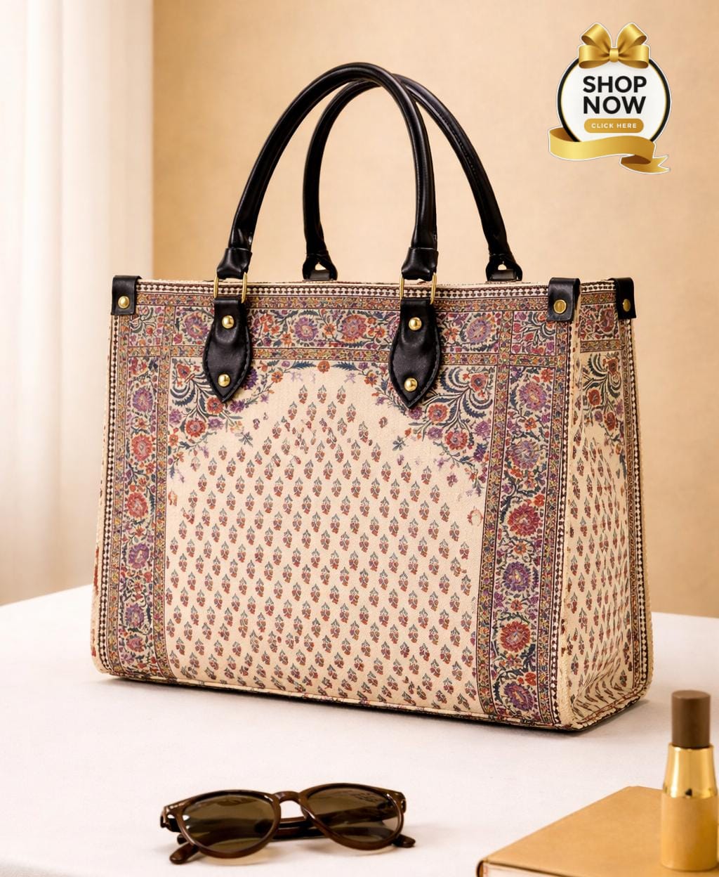 Premium Floral Print Tote Bag – Elegant Handcrafted Shoulder Bag with Top Handles
