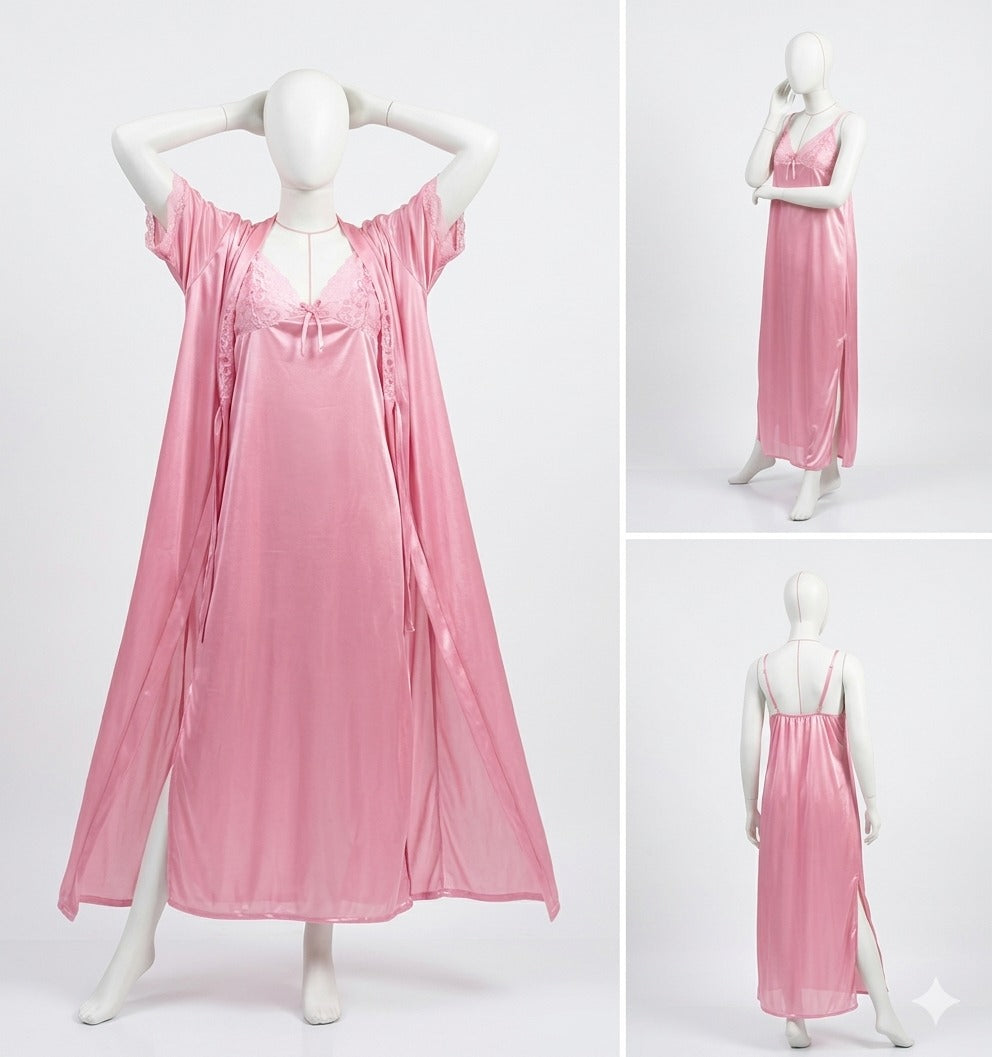 2 Pcs Premium Silk Lace Women's Sleepwear Set Inner & Gown Nightwear (Size Free)