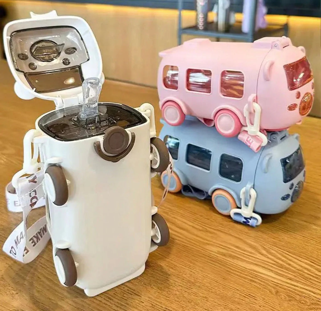 Imported 600ml Bus Water Bottle | Kids Cute Bus Shape | Strap, Sipper & Straw | Leakproof BPA Free (Random Colour)