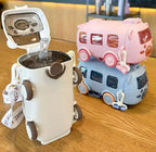 Imported 600ml Bus Water Bottle | Kids Cute Bus Shape | Strap, Sipper & Straw | Leakproof BPA Free (Random Colour)
